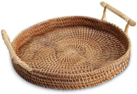 Rattan Woven Round Basket, Round Rattan Woven Serving Tray with Handles for Bread Fruit Vegetables, Restaurant Serving & Tabletop Display Baskets (8.7", 1pc)