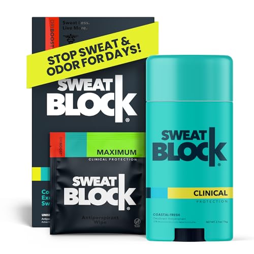 Image of SweatBlock Maximum Clinical Strength Antiperspirant and Deodorant System for Men and Women Hyperhidrosis Aid for Excessive Sweating and Odor 10 DRIBOOST Wipes Plus Unisex Deodorant Stick 2.7 oz