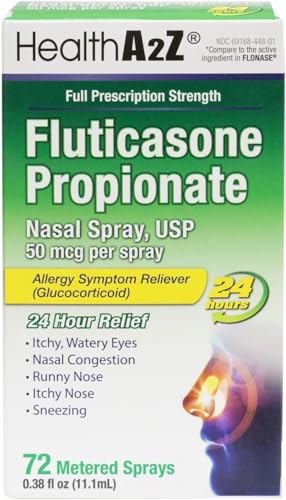 HealthA2Z® Allergy Relief, Fluticasone Propionate 50mcg, Nasal Spray, 24-Hour Allergy Relief, Nasal Decongestant, Dye Free, 72 Sprays (0.38 fl oz)