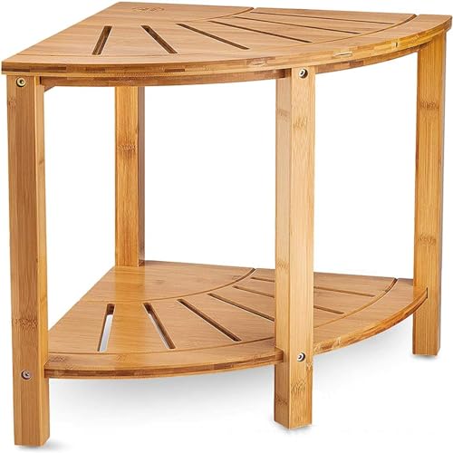 Tonuuoei Banco de ducha de bambú, taburete esquinero impermeable con estante de almacenamiento para afeitarse piernas, 38 x 33 cm