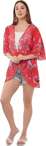 art of creation Women Cover Up Floral Print Blouse Loose Cardigans Kimono Front Open Tops for Women Swimwear Coverups Summer Beach | Wear Wraps (Color-Red) Plus Size-picture-39