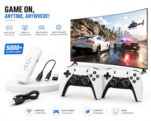 Image of BVG M22 Retro Game Stick Wireless HD Console | 64GB, 30,000+ Games, 50+ Emulators | 4K HDMI Plug & Play Gaming System with Dual Controllers (White)