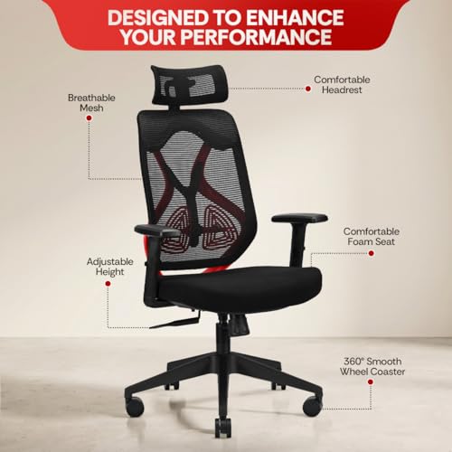 Image of IAFA FURNITURE Ergolux High Back Ergonomic Office & Study Chair | 3 Year Warranty | Adjustable Height, Tilt Lock, 2D Headrest, Adjustable Arms & Lumbar Support | Nylon Base | DIY | (Red)