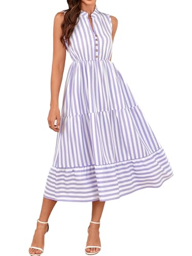 Image of BROVAVE Womens 2026 Summer Sleeveless Shirt Dress Collar Striped V Neck Casual Midi Dresses