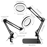 10X Magnifying LED Desk Lamp with Base & Clamp, 3 Color Lighted Magnifier, Adjustable Arm 4.13" Diameter Glass Lens for Reading, Hobbies (Black) - Image 2
