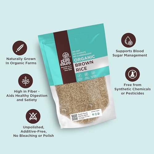 Image of Pure & Sure Organic Brown Rice 1Kg | 100% Naturally Processed & Unpolished Brown Chawal | Rich in Protein & Fiber | Helps to control Diabetes & Blood Pressure