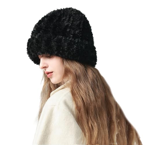 PENINSULA LOVE Women Chunky Cossack Beanie Hat Oversized Faux Fur Cuffed Beanie Winter Fuzzy Soft Knitted Cap