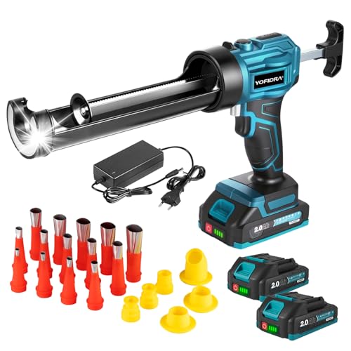 Yofidra Pistola a Cartuccia Elettrica, Batteria 2 x 2.0Ah, 4 Velocità, Illuminazione LED, Pistola per Cartucce di Silicone, Pistola per Cartucce da 300ml, Sigillatura, Stucco, Senza Perdite