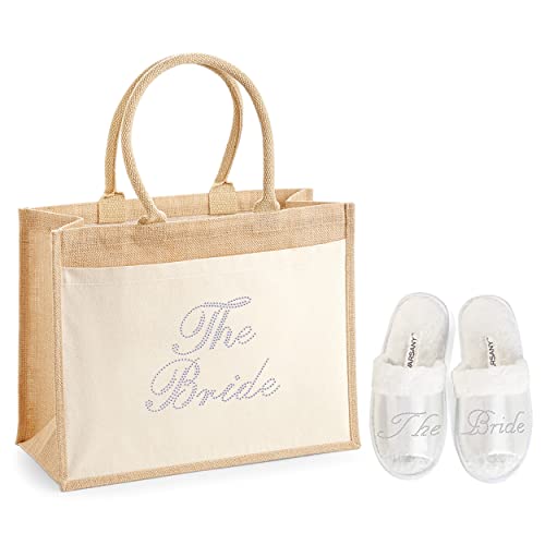 Varsany Hochzeit Luxus Mode Tragetasche Jute Tasche mit Tasche und Pantoffel Set Braut Junggesellinnenabschied Geschenktüten Handgemachte Taschen für Frauen Geeignet für Lebensmittel Reisen Die Braut