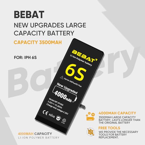 Image of Replacement for iPhone 6S Battery,4000mAh High Capacity Li-ion Polymer Replacement Battery for Model A1633 A1688 A1700 with Complete Professional Repair Tool