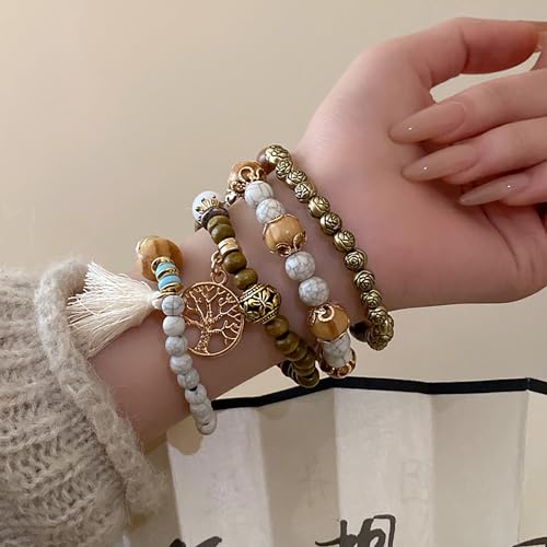 SHUBEIEUMI Boho Holzperlen Armband, 4 Stück Boho Quaste Armband für Damen, Frauen Baum des Lebens Charm Statement Armreifen, Kristall Perle