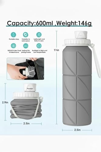 Image of SILENCIO Silicone Water Bottle 600 ml | Foldable Leak Proof Travel Bottle | BPA Free Reusable Drinking Bottle for Gym, Trekking, Camping & Outdoor Use (GREY)