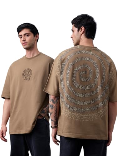 Image of The Souled Store Samsara Men and Boys Short Sleeves Round Neck Grey Graphic Printed Cotton Super Oversized T-Shirts