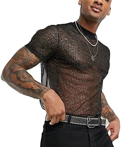OHEVET Men's See Through Mesh Sexy Sheer Shirt Shiny Short Sleeve Undershirt Muscle Top (5X-Large, Black)