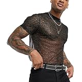 OHEVET Men's See Through Mesh Sexy Sheer Shirt Shiny Short Sleeve Undershirt Muscle Top (5X-Large, B