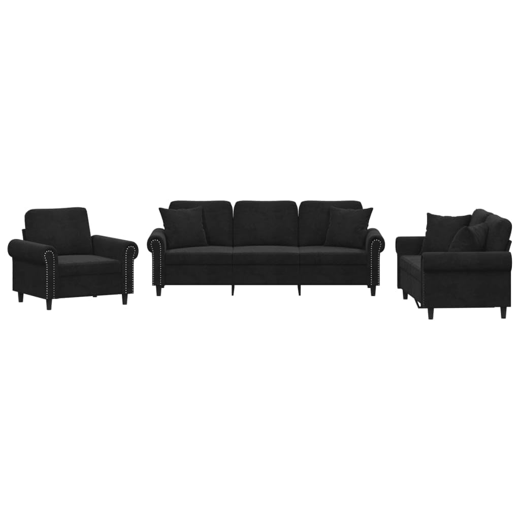 Conjunto de 3 piezas de terciopelo negro pequeño sofá con 1 + 2 + 3 plazas sofá para salón, oficina, balcón, 92/152/212 cm de ancho, diseño moderno estable para espacios pequeños
