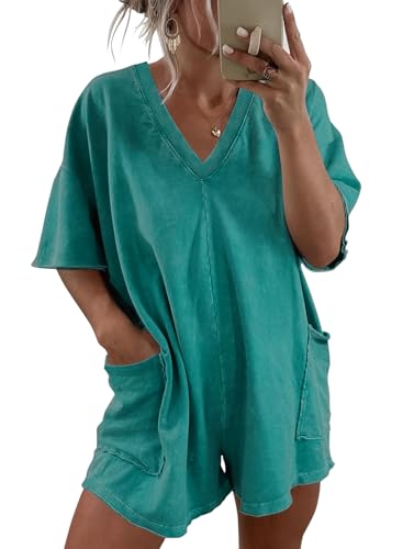 Essrite Jumpsuits for Women Mineral Washed Rompers Summer V Neck Short Sleeve Jumpsuit Shorts Overalls One Piece Romper Outfits with Pockets Teal XL