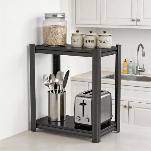 Image of 2 Tier Kitchen Storage Shelf, Kitchen Organizers Space Saving All Steel Freestanding Rack, Heavy Duty Metal Shelving Unit, Adjustable Open Shelf for Pantry Organizers and Storage 15.7 inchWx9.8 inchDx22 inchH