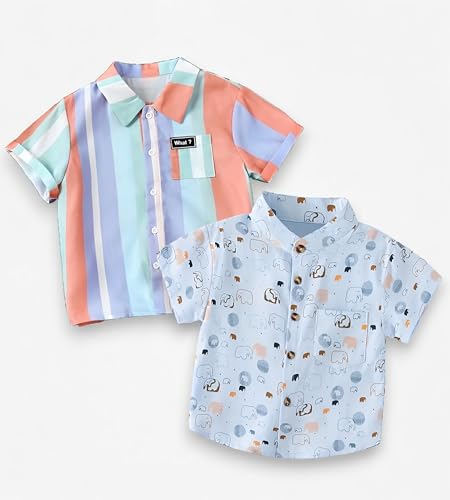Image of Kids Boys Shirt Printed, Checkered and Floral Casual Short Sleeve Shirts Pack of 2