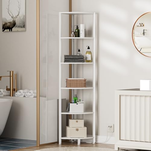 Image of Furnulem 6 Tier Corner Shelf with LED Light, 67.5 inch Tall Standing Shelf Organizer, White Narrow Bookshelf with Storage Rack for Wall Corner, Living Room, Bedroom, Metal Frame, Wood Display Shelf