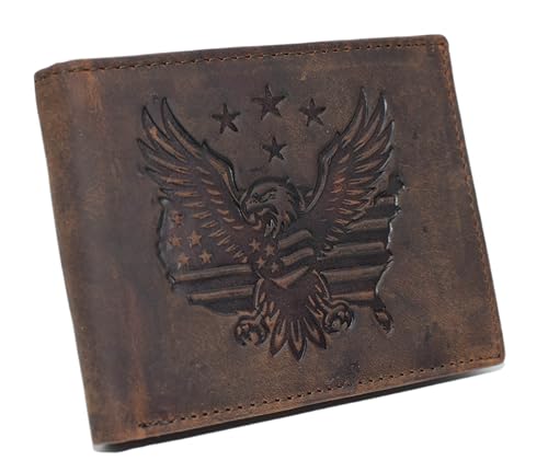 Men’s RFID Blocking Vintage Leather Patriotic Eagle & USA Flag Debossed Bifold Wallet (Brown)