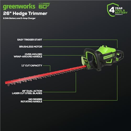 Image of Greenworks 60V 26 in Cordless Hedge Trimmer, 2.0 Ah Battery and Charger