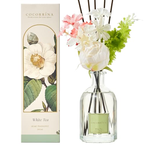 COCORRÍNA Fragancia de flor con 8 varillas aromáticas de 250 ml, té blanco, natural, duradero, fragancia para el hogar, salón, dormitorio, cuarto de baño