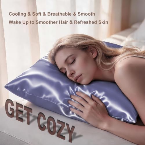 Image of LYSHIN Silk Pillow Cases 2 Pack King Size with Zipper, Grayish Blue