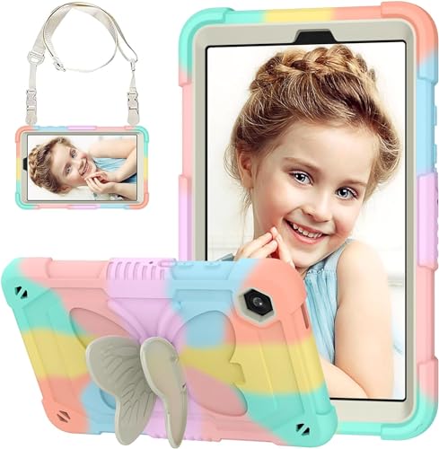 AVAKOT Samsung Galaxy Tab A9 Case 8.7" 2023 for Kids Girls with Butterfly Wings Kickstand & Hand Shoulder Strap | Rugged Protective Case for Galaxy Tab A9 Tablet SM-X110/X115/X117-Rainbow