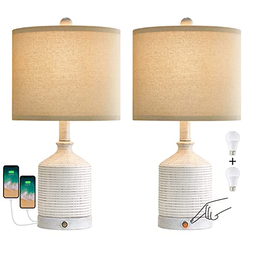 Pokat 20" Farmhouse 3-Way Dimmable Touch Ceramic Table Lamp Sets Of 2 Contemporary White Bedside Lamps For Living Room Bedroom Rustic Nightstand End Table Lamps With 2 Usb Ports (2 Bulbs Included) #TOP3