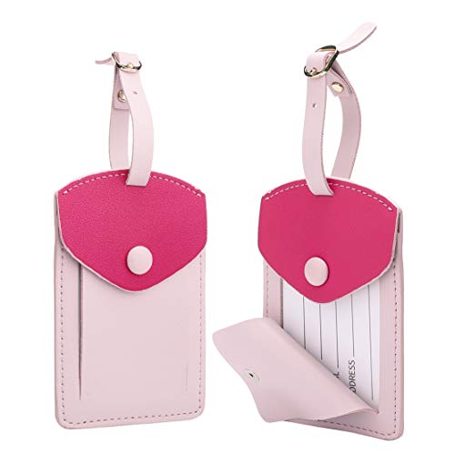 Kevancho Leather Smart Luggage Tags for Men Women, Suitcase Labels Baggage Tote Bag Tag ID Tags with Full Back Privacy Cover for Carnival Cruise Ships, Away Travel Accessories Tags Set of 2 PCS (Pink)