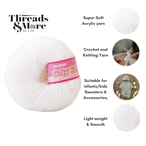 Image of Vardhman Baby Soft Yarn Pack of 6 - 4-Ply Acrylic Wool 150g Total | Soft Yarn for Knitting & Crocheting Baby Blankets, Sweaters, Toys & Accessories | 86m per 25g Ball (1, White)