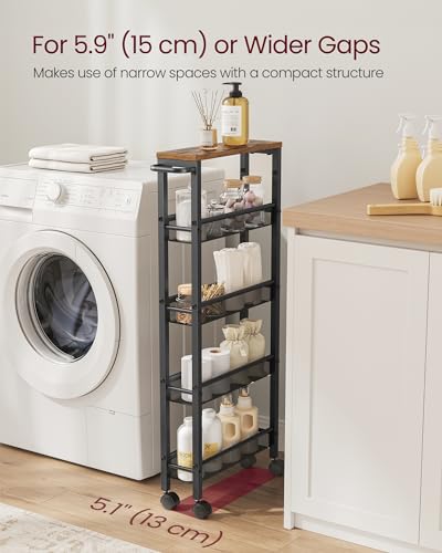 Image of VASAGLE Slim Rolling Cart, 5-Tier Storage Cart, Narrow Carts with Handle, 5.1 Inches Deep, Metal Frame, for Kitchen, Dining Room, Living Room, Home Office, Rustic Brown and Classic Black ULRC034B01