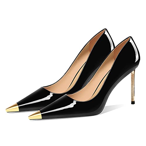 FSJ Women Metal Cap Pointed Toe High Heel Pumps Sexy Gold Stiletto Elegant Slip On Office Lady Wedding Party Dress Shoes Size 4-15 US2