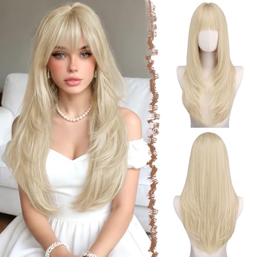 FESHFEN Straight Sleek Layered Wig with Bangs for Women - Natural Synthetic Long Hair Wig for Daily Party Use 24 Inch