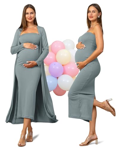 Rnxrbb 2 Piece Maternity Dress Cardigan Baby Shower Bodycon Fall Tube Maternity Dresses Long Gender Reveal Photoshoot,Light Slategray M