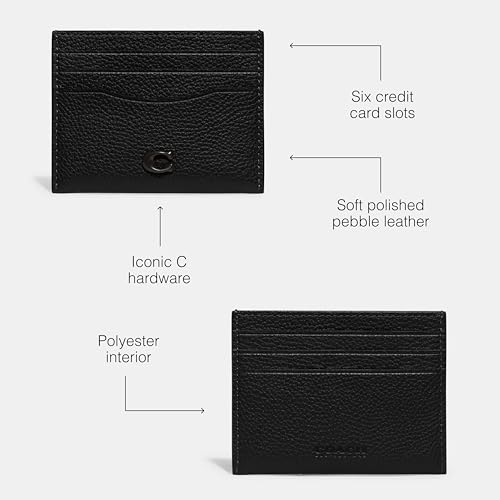 COACH Flat Card Case in Pebble Leather w/Sculpted C Hardware Branding, Black, One Size, Flat Card Case in Pebble Leather W/Sculpted C Hardware Branding