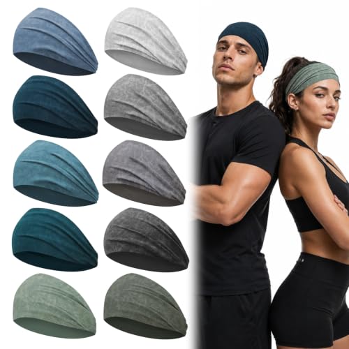MYKURS Mens Sports Headband, Non Slip Sweat Band Workout Headband, 10 PCS