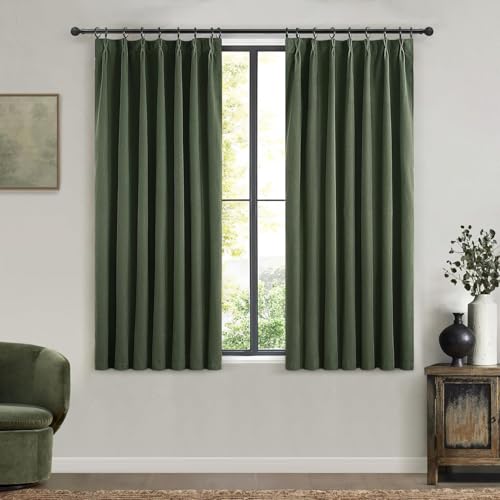 Image of Olive Green Pinch Pleated Cafe Blackout Curtains 45 Inch Length for Small Windows, Dark Academia Cottage Core Curtains Faux Linen Viral Kitchen Drapes Room Darkening Thermal 2 Panels Set(40 inchW x 45 inchL)