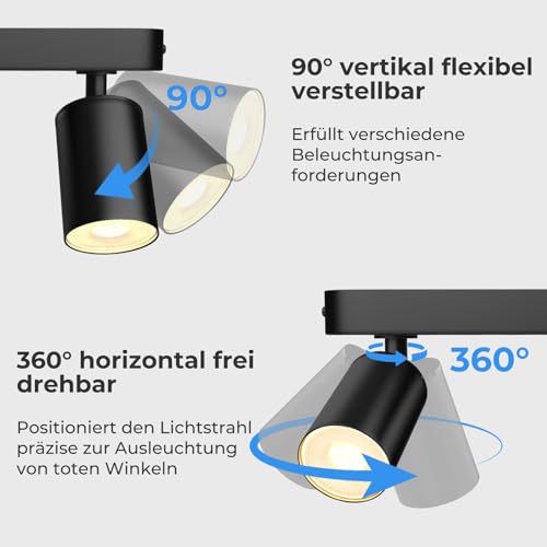JVURICE Deckenlampe Flur Küche Schlafzimmer, 360° Drehbar & 90° Neigbar Deckenspot GU10, 100W Max, Metall Aluminium, Deckenstrahler Lampen für Wohnzimmer, Bad, Flur (Schwarz, 2 Flammig)
