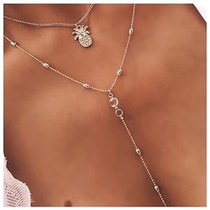 Dervivea Bohemia Capas Piña Collar Gargantilla Larga Cz Cristal Y Lariat Cadena Collar Oro Cz Cuentas Y Forma Collar Cadena Verano Fruta Collar Joyería para Mujeres y Niñas