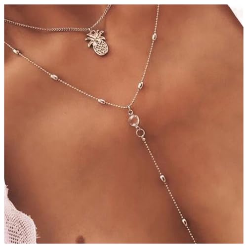 Dervivea Bohemia Capas Piña Collar Gargantilla Larga Cz Cristal Y Lariat Cadena Collar Oro Cz Cuentas Y Forma Collar Cadena Verano Fruta Collar Joyería para Mujeres y Niñas
