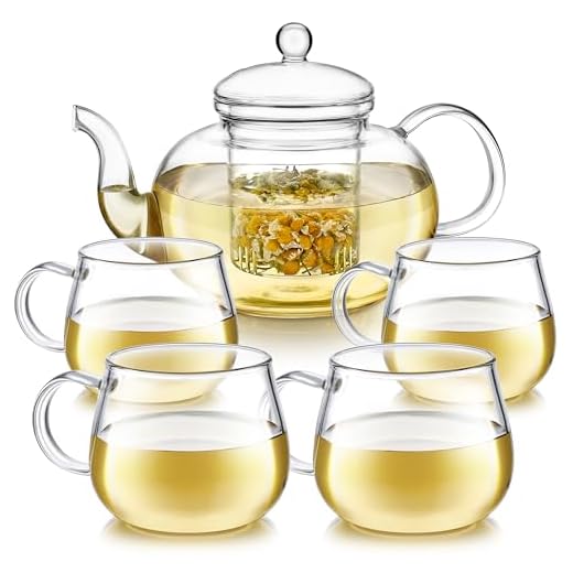 Teabloom Heatproof Glass Teapot Set with Removable Loose Tea Infuser (Standard Size: 32oz/946ml) and Four Borosilicate Glass Teacups (7oz/207ml) - Lead-free Complete Tea Set