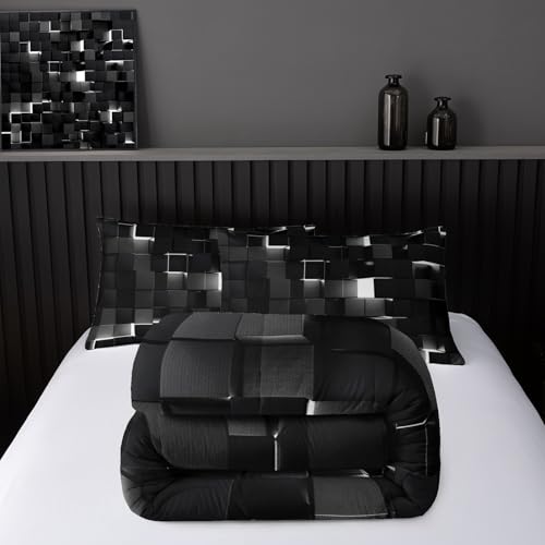 Image of Nttopship Neon White Black Comforter Set Full Geometric Kids Bedding Set,3 PCS Geometry Honeycomb Bed Set Modern Quilt Set 1 Comforter 2 Pillow Cases Cool Room Decor All Season B-Side Black