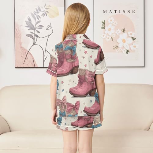 Satin Pajama Sets Short Sleeve Cowgirl Pink Boots Button Down Silky Nightwear 2 Piece PJS 5-14Y4