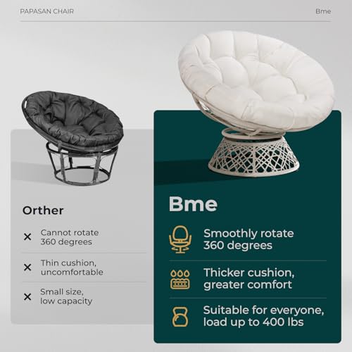 Image of Bme Ergonomic Wicker Papasan Chair with Soft Thick Density Fabric Cushion, High Capacity Steel Frame, 360 Degree Swivel for Living, Bedroom, Reading Room, Lounge, Arctic Snow - White Base