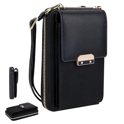 Tunejoy Bolso Movil Mujer Cuero Pu Bolso de Hombro para Teléfono Celular Pequeño Bandolera Monedero Gran Capacidad con Ranuras Para Tarjetas Cremallera y Correa Negro