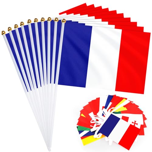 Simpeak Bandera de Francia, Decoración de Banner de Banderas del Mundo de 24 Países con 10 Piezas Francia Stick Flag, Pequeñas Banderas para Decoraciones de Bares de Jardín