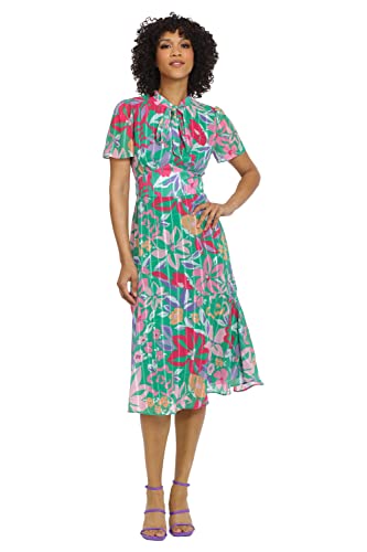 Image of Maggy London Women's Women's Dresses Floral Printed Neck Tie Short Sleeve Midi Dress