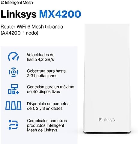 Linksys Velop MX4200 sistema WiFi 6 mesh tribanda (AX4200), router WLAN, repetidor, extensor con hasta 260 m² de cobertura, 3,5 veces más veloz, más de 40 dispositivos, paquete de 1, blanco